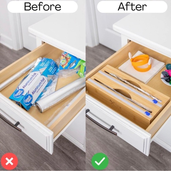 🆕Foil & Plastic Wrap Dispenser W/ Cutter Bamboo Drawer Organizer 12" Rolls - Picture 2 of 8